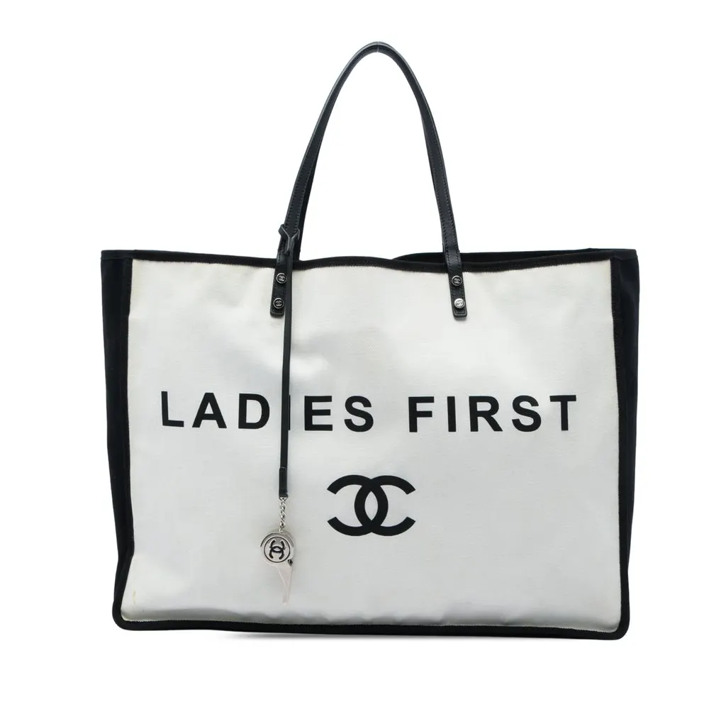 Chanel Bicolor Canvas Ladies First Shopping Tote White Canvas Good - Front View