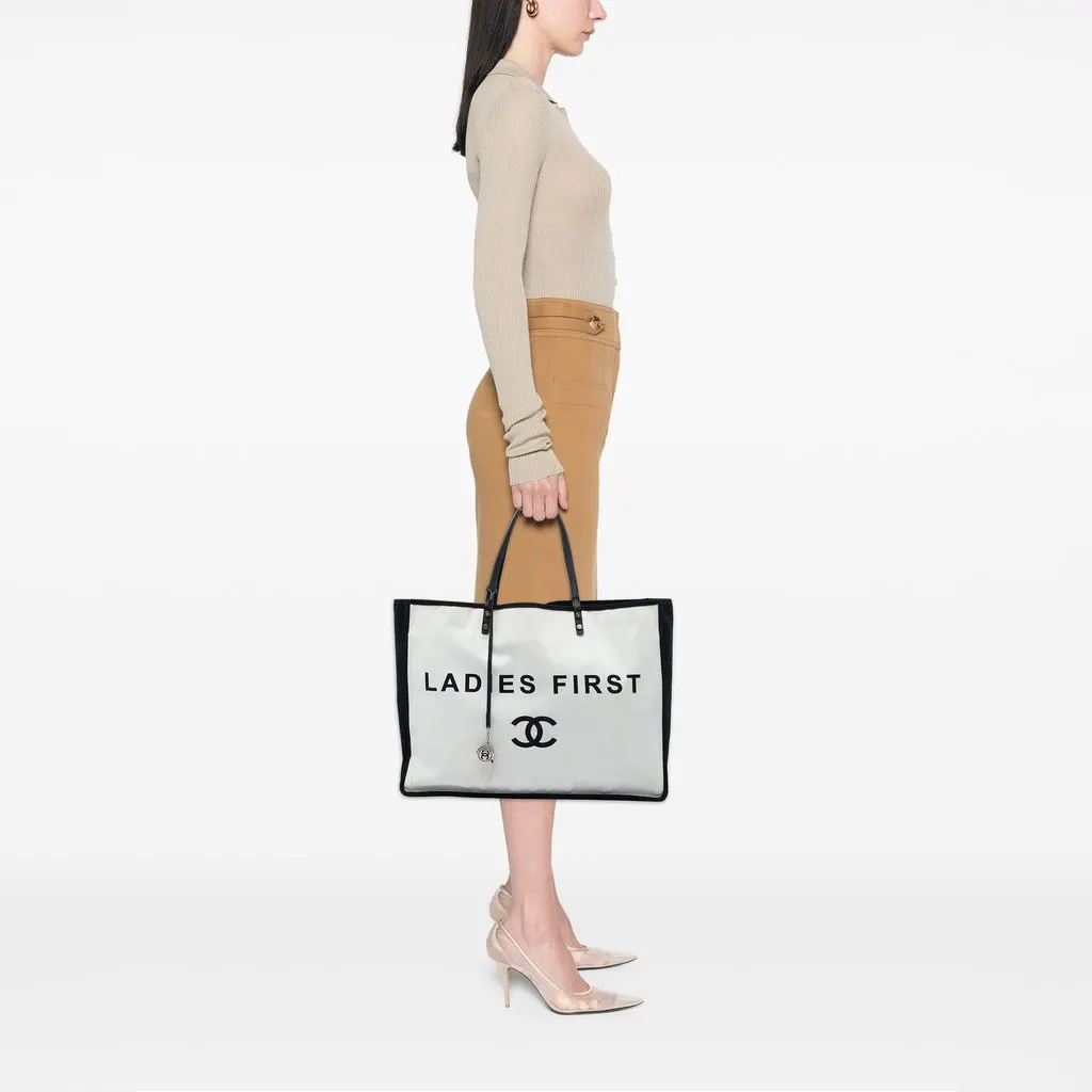 Chanel Bicolor Canvas Ladies First Shopping Tote White Canvas Good - Box View