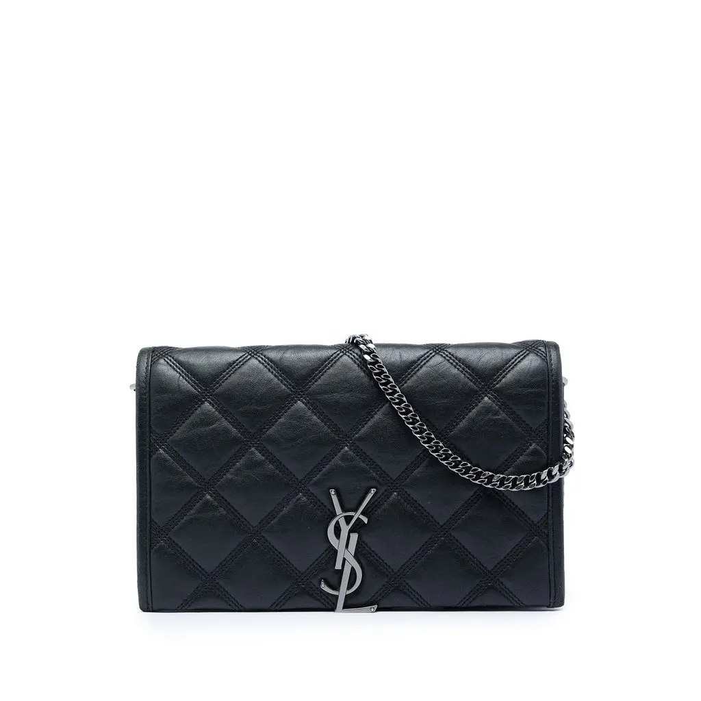 Saint Laurent Quilted Diamond Lambskin Becky Wallet on Chain Black Leather Very good - Front View