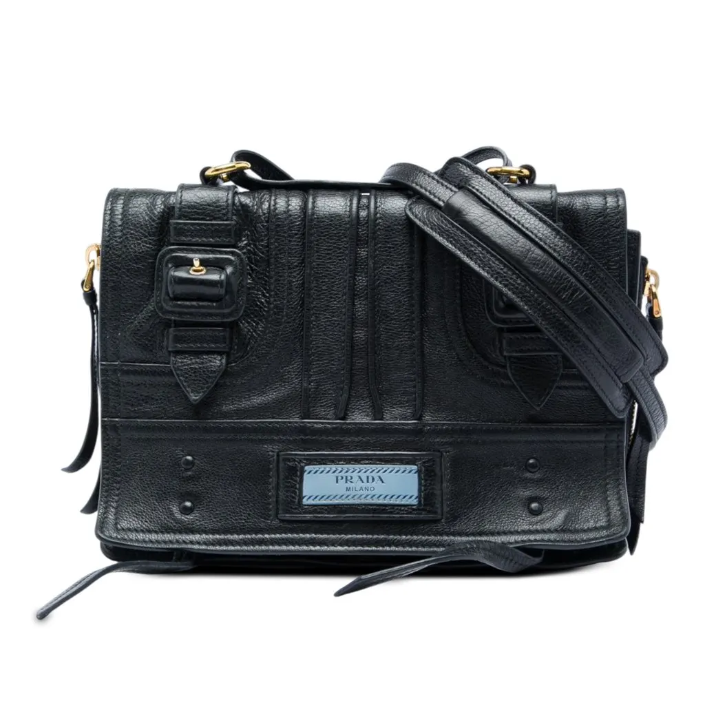 Prada Glace Calfskin Etiquette Crossbody Black Leather Good - Front View