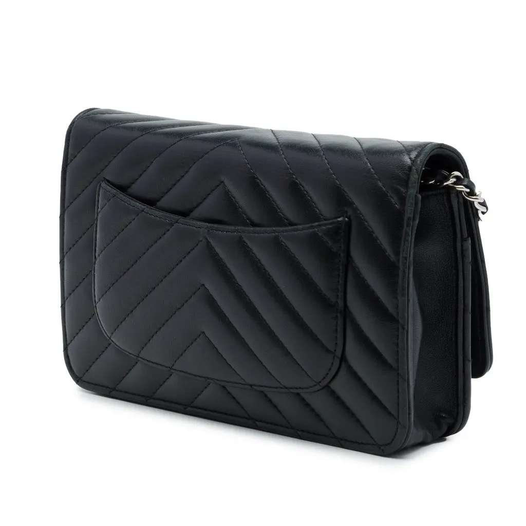 Chanel CC Chevron Lambskin Wallet On Chain Black Leather Very good - Back View