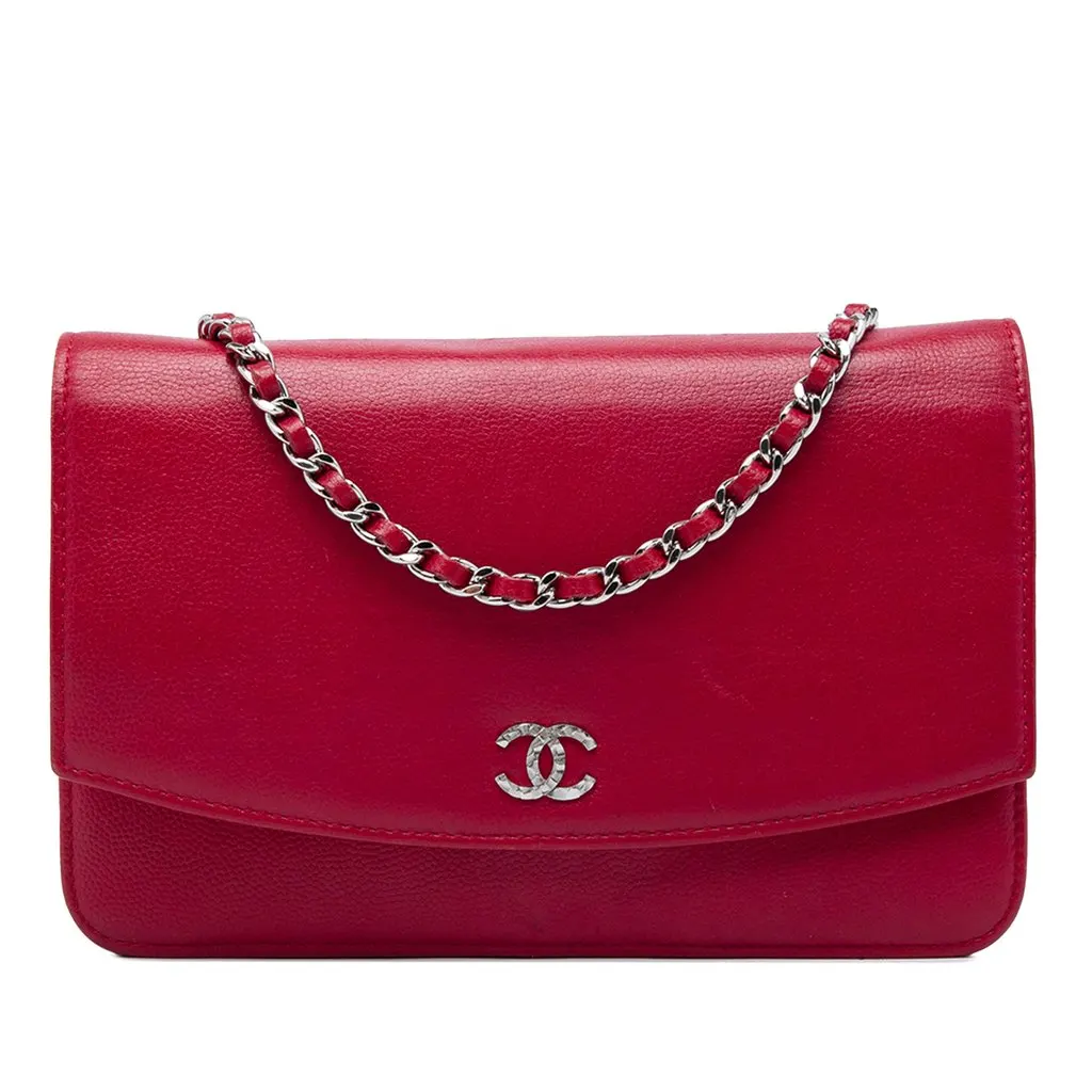 Chanel CC Caviar Sevruga Wallet On Chain Red Leather Very good - Front View