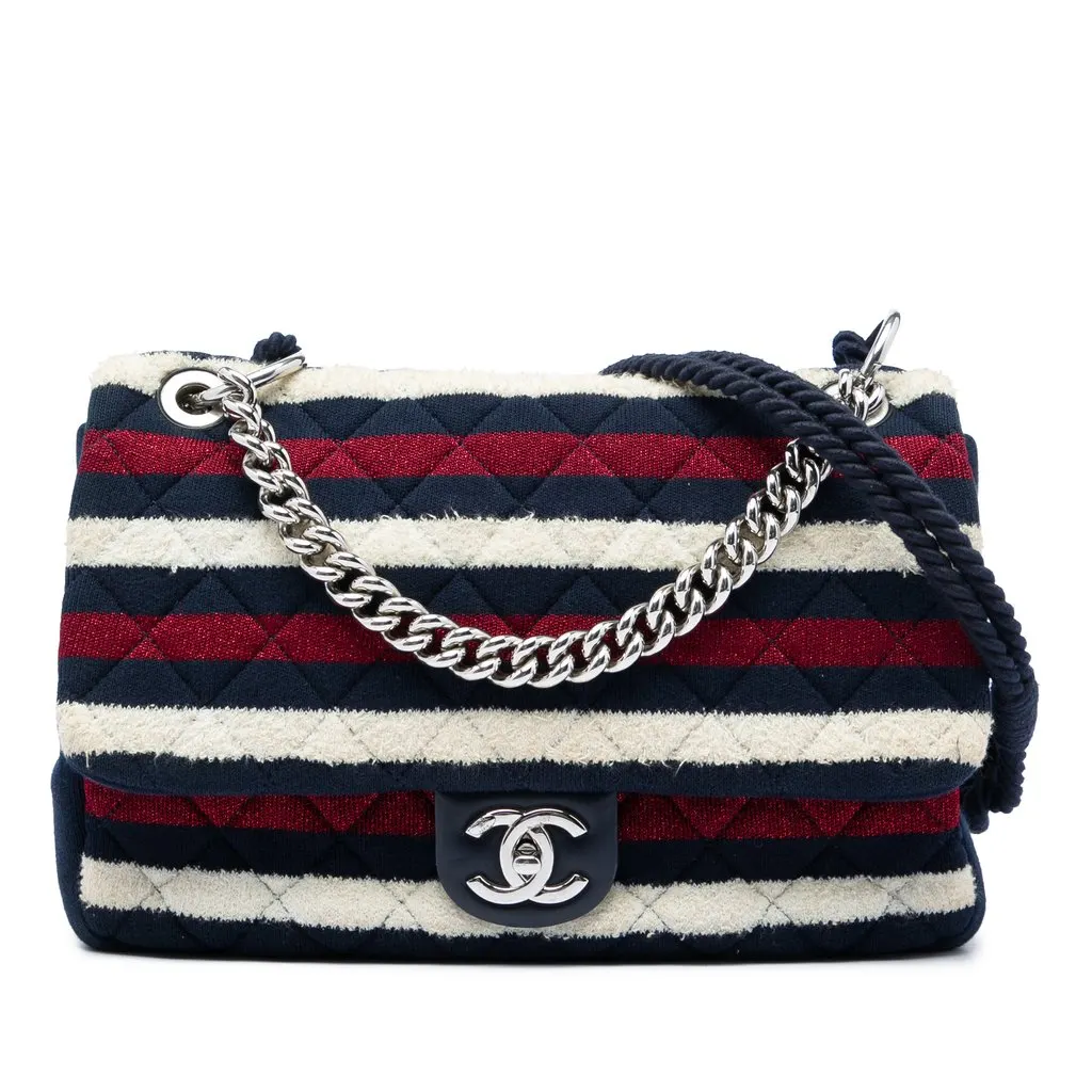 Chanel Jumbo Stripe Jersey Felt and Rope Flap Blue Very good - Front View