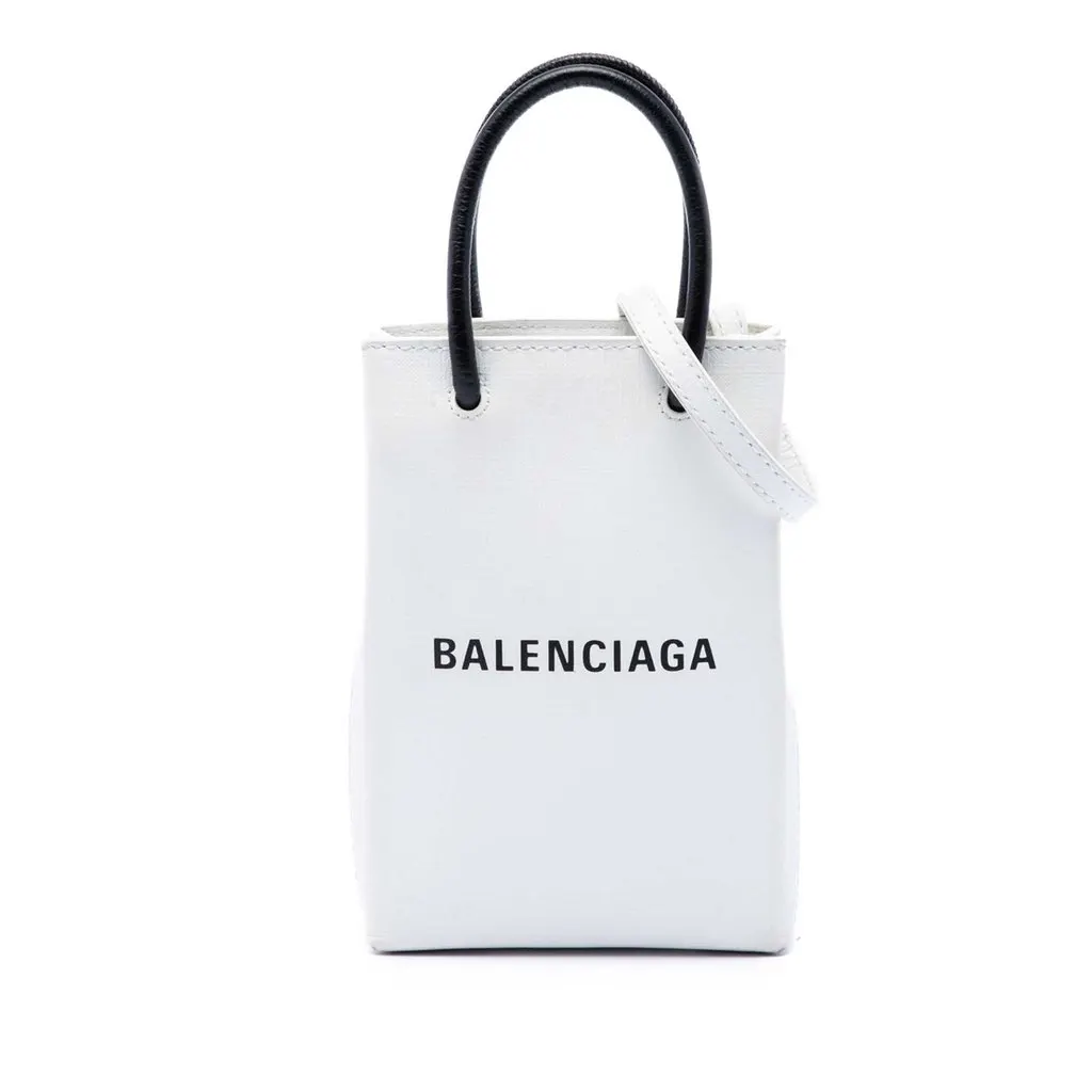 Balenciaga Mini Calfskin Logo Shopping Phone Holder White Leather Very good - Front View
