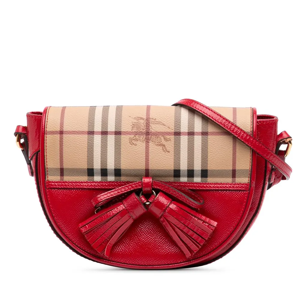 Burberry Patent and Haymarket Check Coated Canvas Maydown Crossbody Red Leather Good - Front View