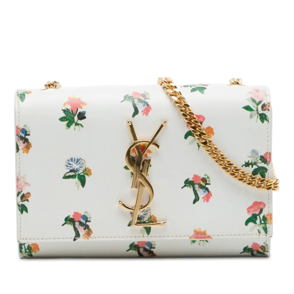 Saint Laurent Mini Smooth Calfskin Prairie Flower Printed Monogram Kate Crossbody White Leather Very good - Front View