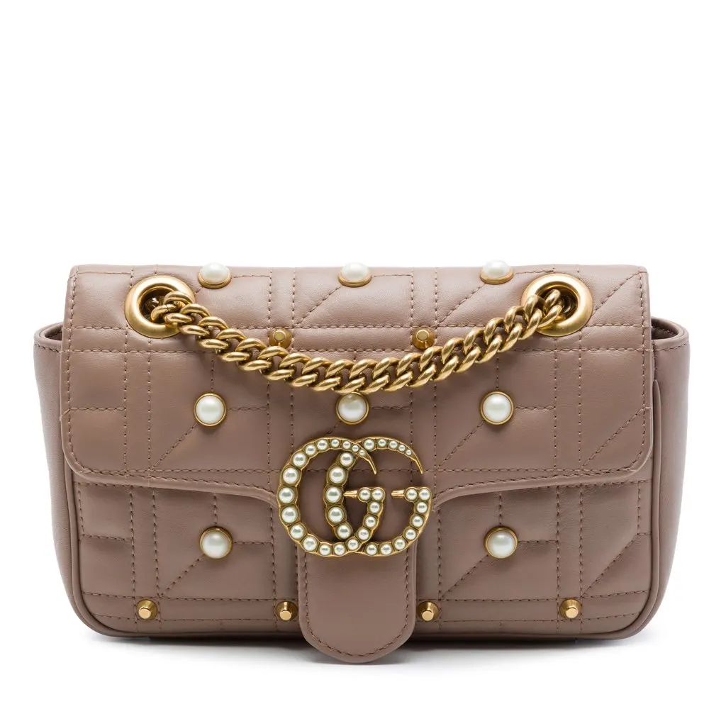 Gucci Small GG Marmont Pearl Studded Matelasse Calfskin Aria Shoulder Bag Brown Leather Very good - Front View