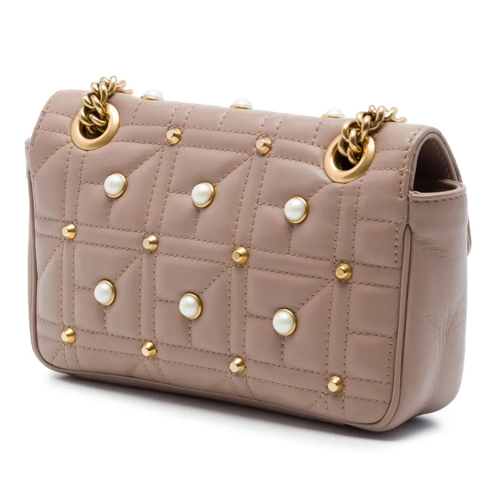 Gucci Small GG Marmont Pearl Studded Matelasse Calfskin Aria Shoulder Bag Brown Leather Very good - Back View