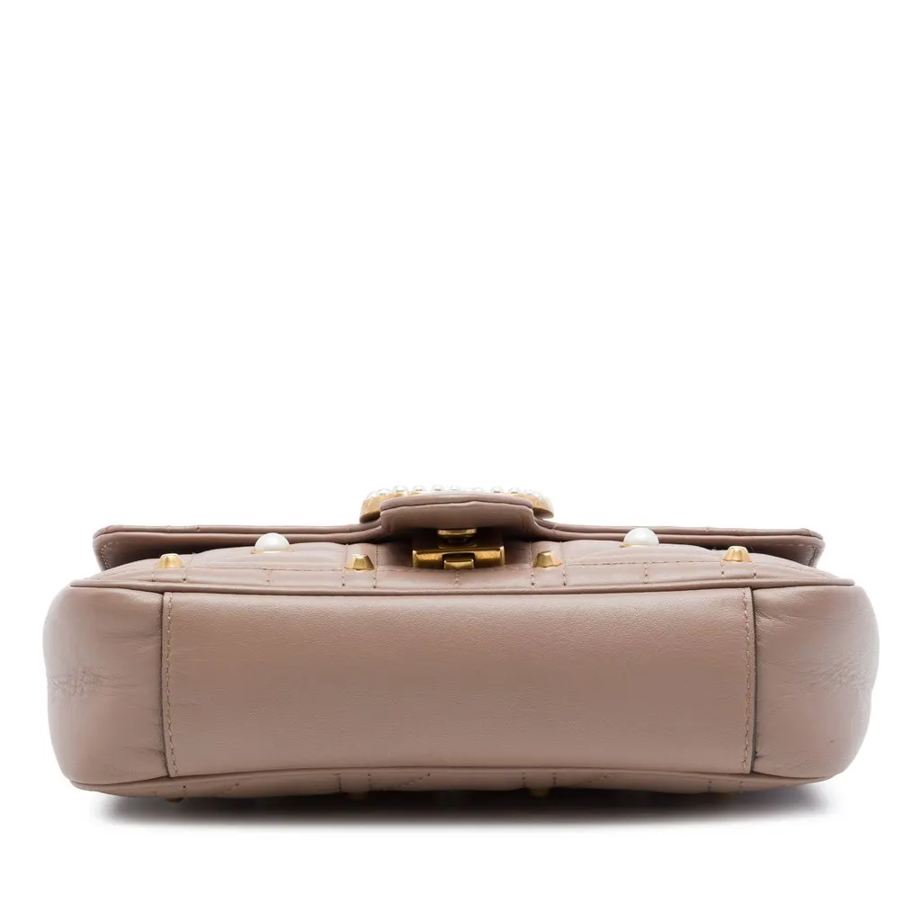 Gucci Small GG Marmont Pearl Studded Matelasse Calfskin Aria Shoulder Bag Brown Leather Very good - Inside View