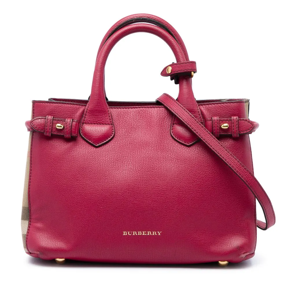 Burberry Small Grainy Calfskin and House Check Banner Satchel Red Leather Good - Front View