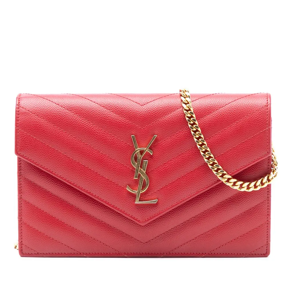 Saint Laurent Grain De Poudre Cassandre Envelope Chain Wallet Red Leather Very good - Front View