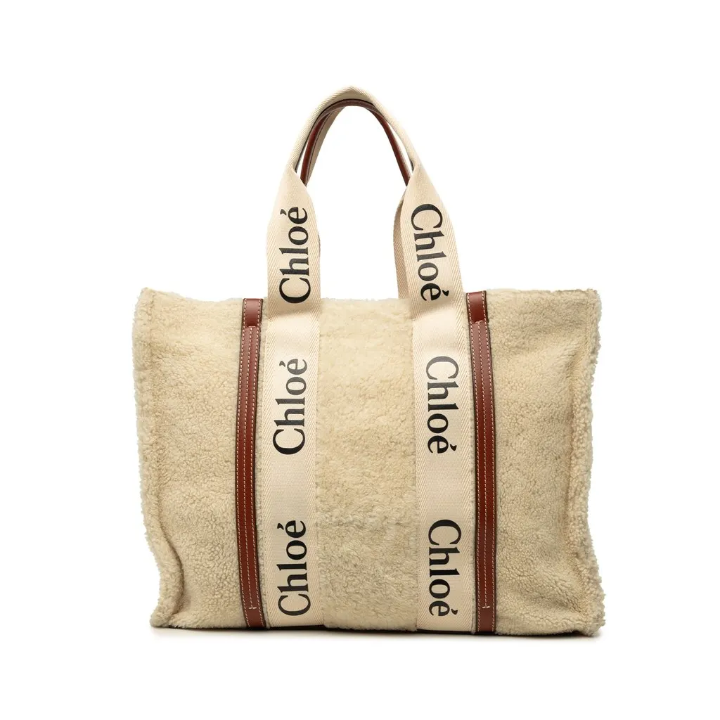 Chloé Large Shearling Woody Tote Beige Shearling Very good - Front View