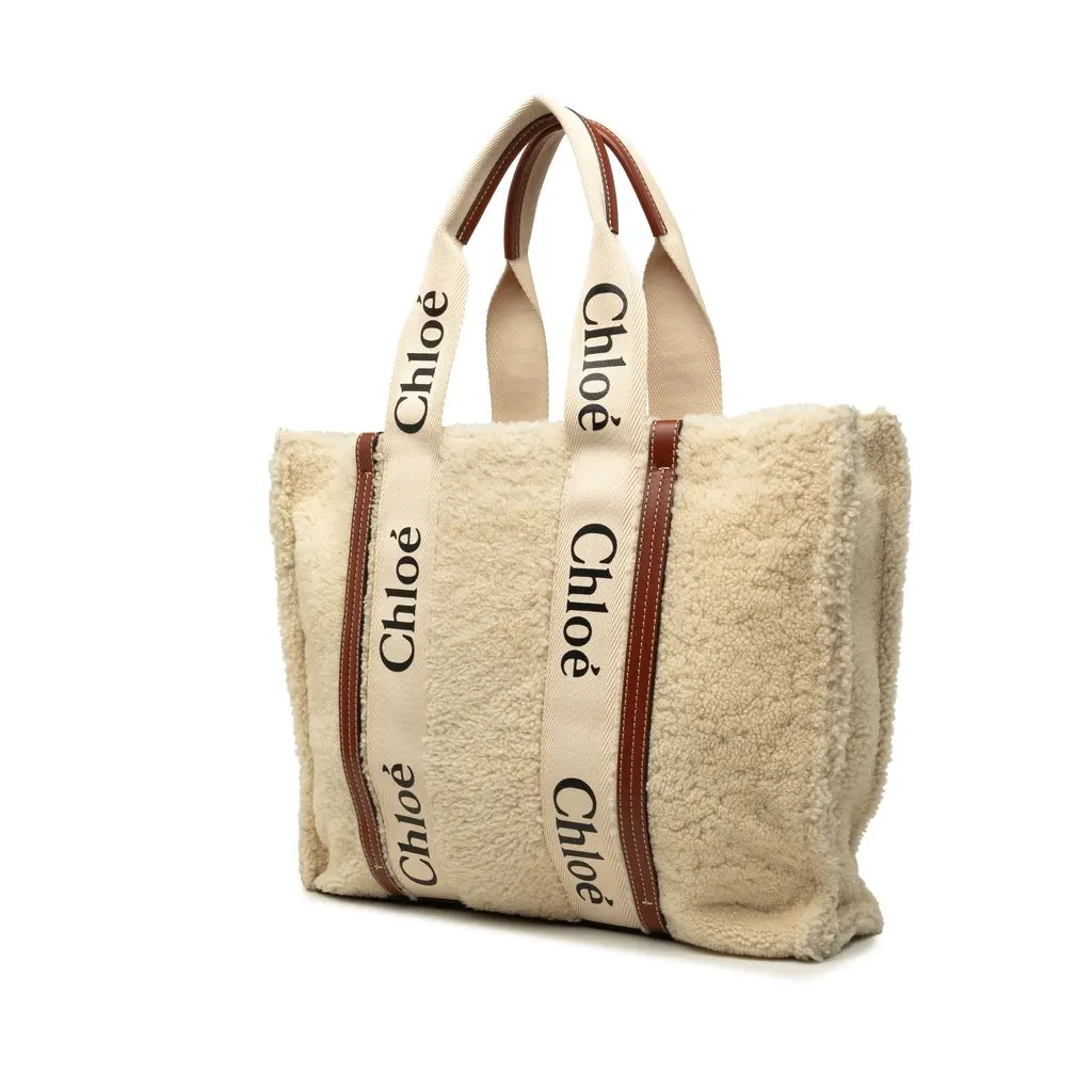 Chloé Large Shearling Woody Tote Beige Shearling Very good - Back View