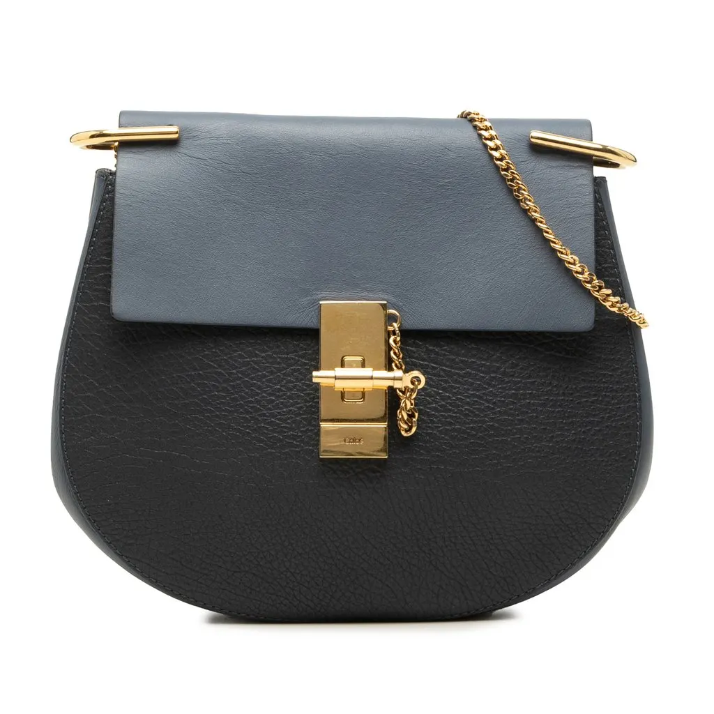 Chloé Small Bicolor Smooth and Grained Calfskin Drew Crossbody Blue Leather Very good - Front View