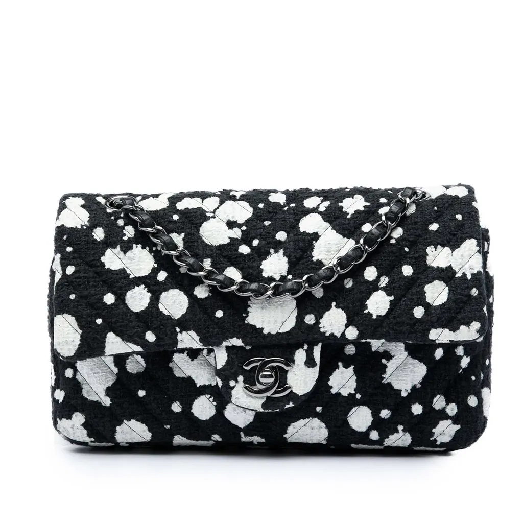 Chanel Medium Chevron Tweed Paint Splatter Double Flap Black Very good - Front View