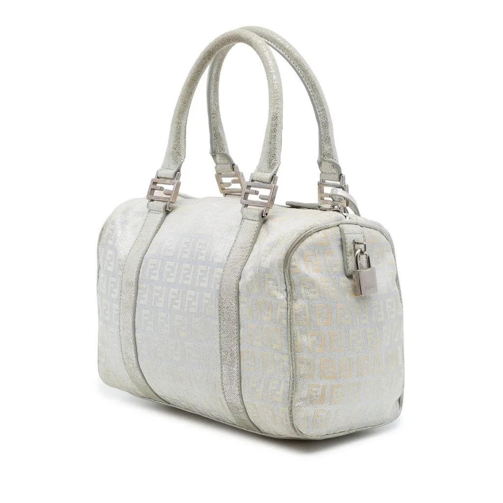 Fendi Small Zucchino Metallic Canvas Forever Bauletto Boston Bag Silver Canvas Very good - Back View