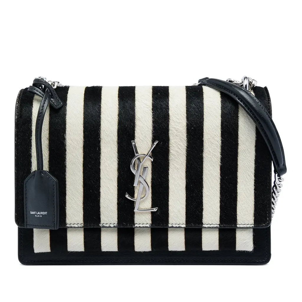 Saint Laurent Medium Striped Ponyhair and Calfskin Monogram Sunset Crossbody Black Very good - Front View