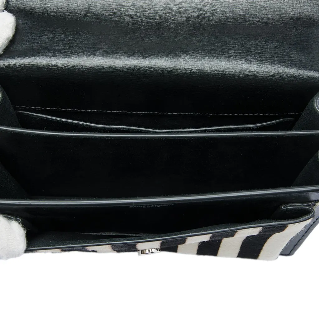 Saint Laurent Medium Striped Ponyhair and Calfskin Monogram Sunset Crossbody Black Very good - Model View