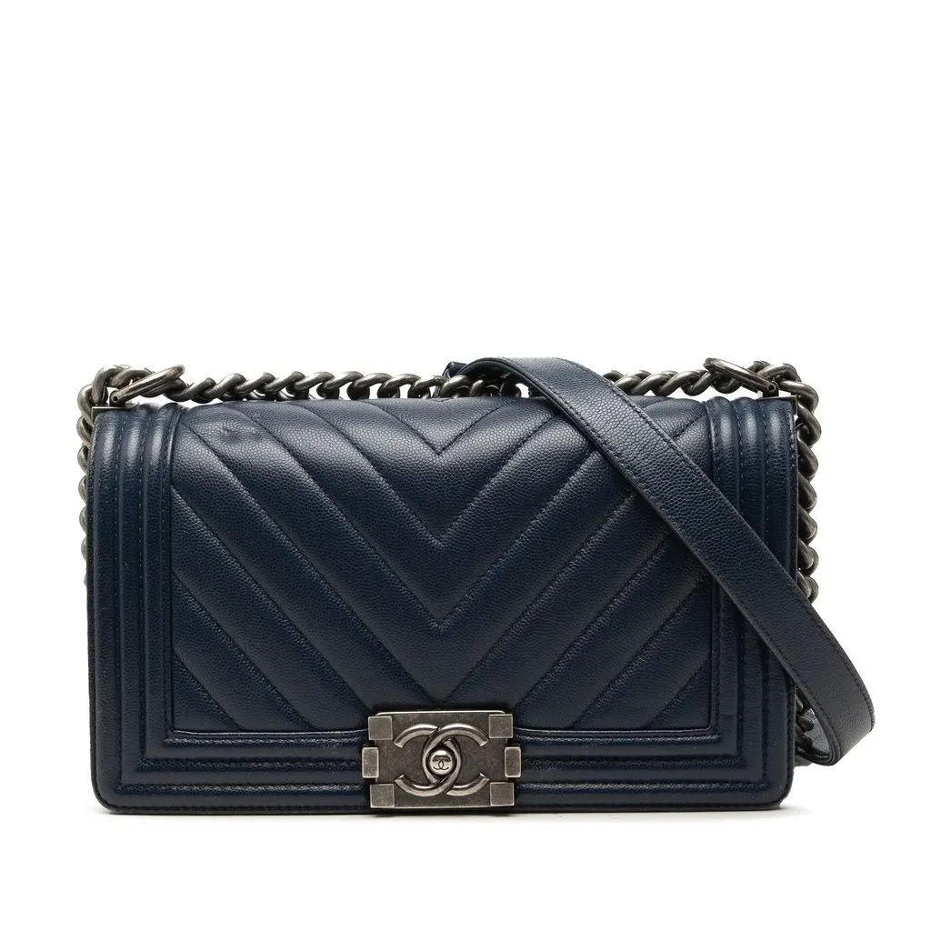 Chanel Old Medium Chevron Caviar Boy Flap Blue Leather Very good - Front View
