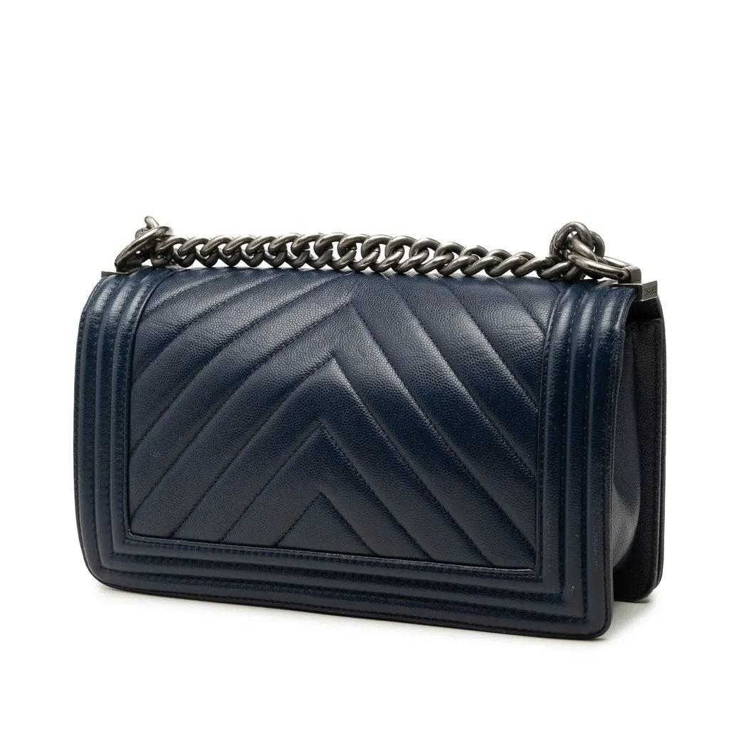 Chanel Old Medium Chevron Caviar Boy Flap Blue Leather Very good - Back View