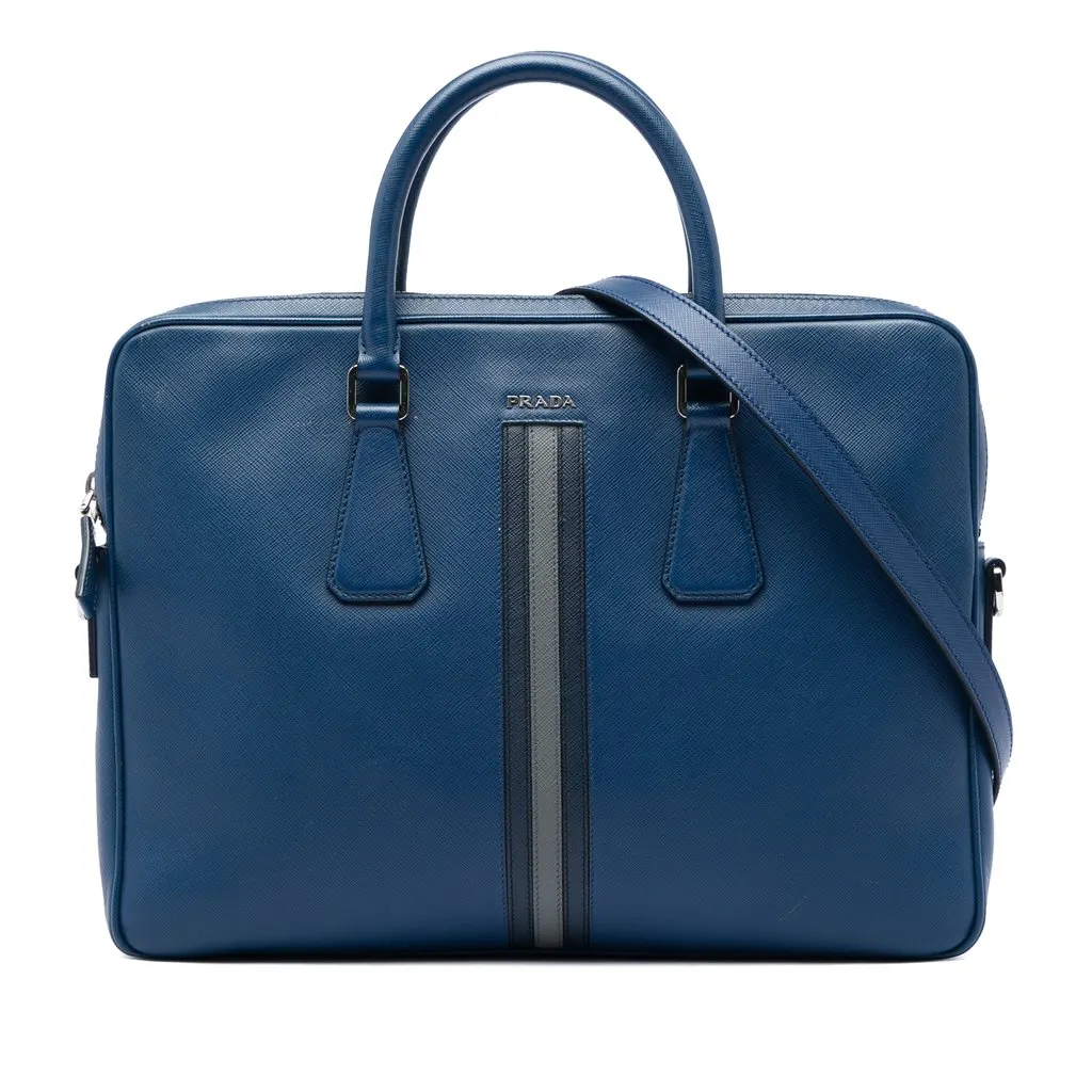 Prada Saffiano Striped Business Bag Blue Leather Very good - Front View