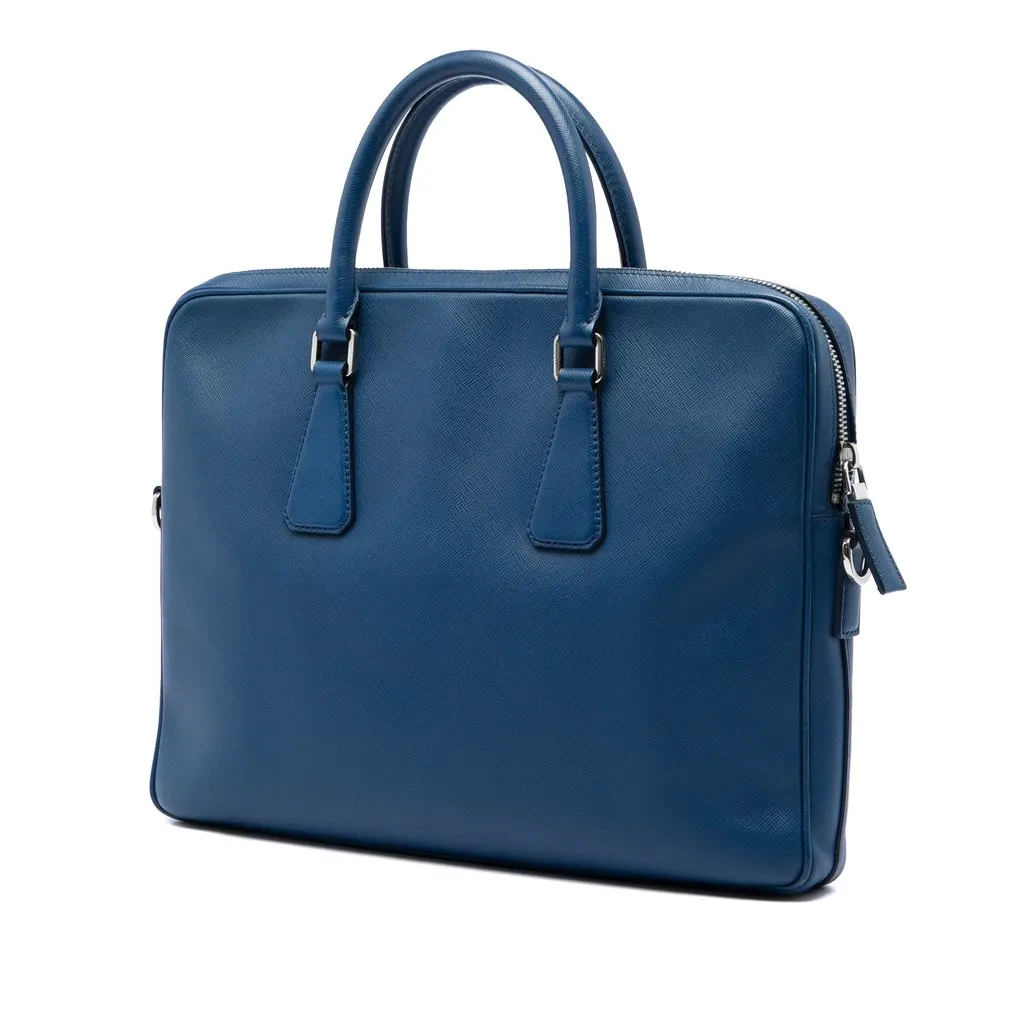 Prada Saffiano Striped Business Bag Blue Leather Very good - Back View
