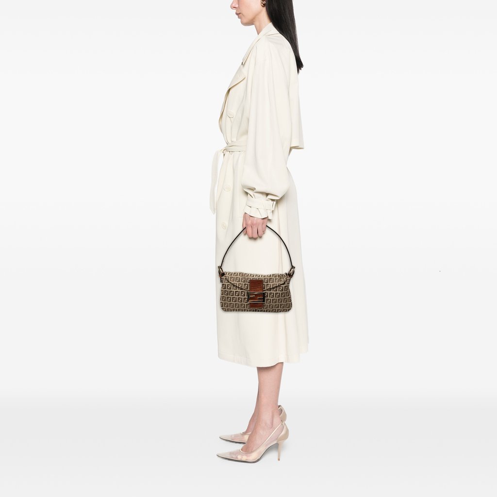 Fendi Zucchino Canvas Double Flap Shoulder Bag Brown Medium