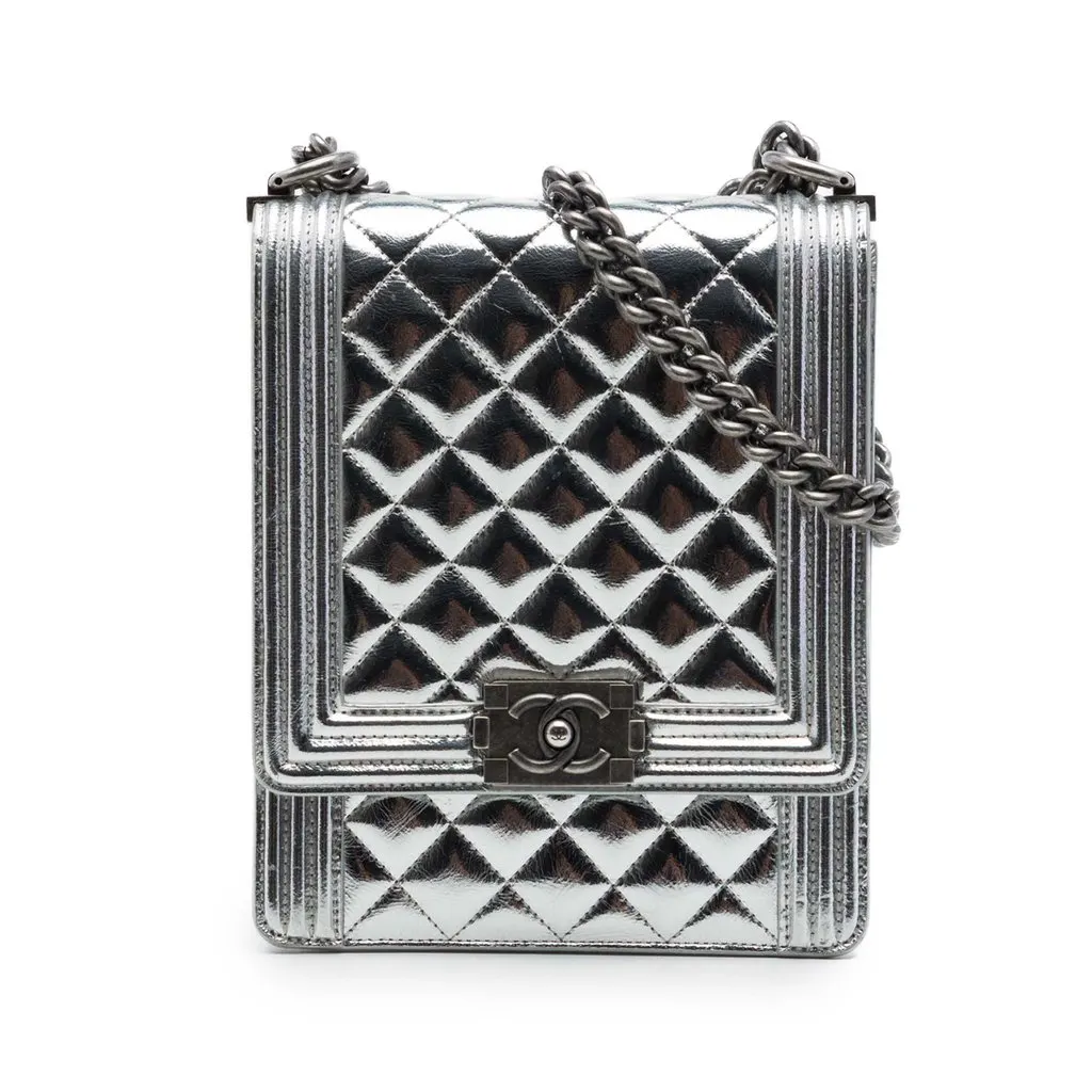 Chanel Quilted Metallic Calfskin North South Boy Flap Silver Leather Good - Front View