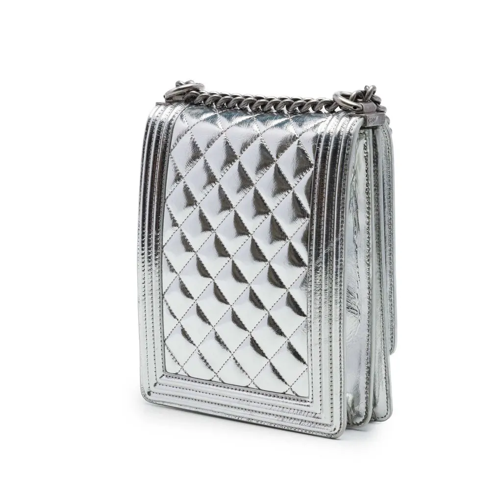 Chanel Quilted Metallic Calfskin North South Boy Flap Silver Leather Good - Back View