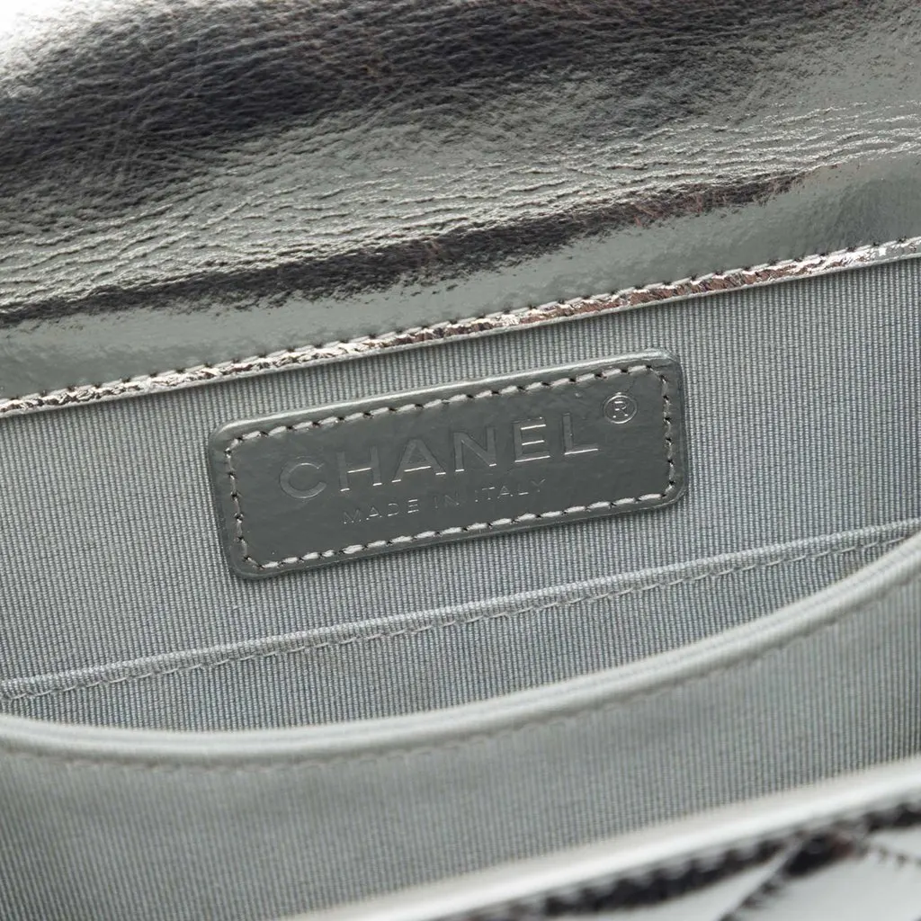 Chanel Quilted Metallic Calfskin North South Boy Flap Silver Leather Good - Box View