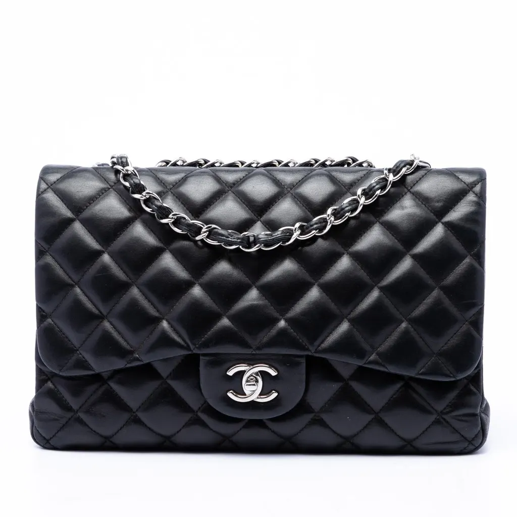 Chanel Jumbo Classic Lambskin Single Flap Black Leather Very good - Front View