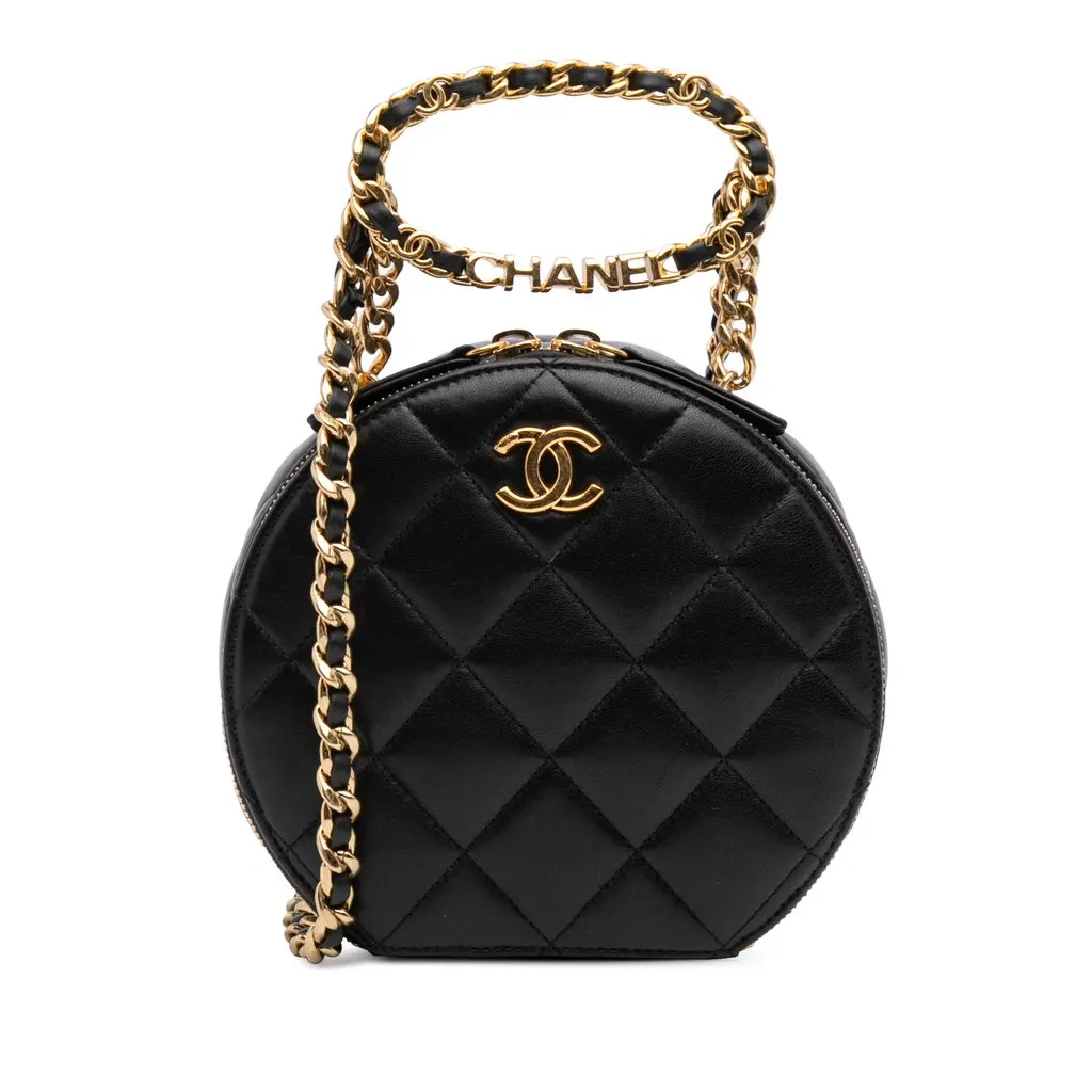 Chanel Quilted Lambskin Oval Logo Chain Top Handle Round Clutch on Chain Black Leather Very good - Front View