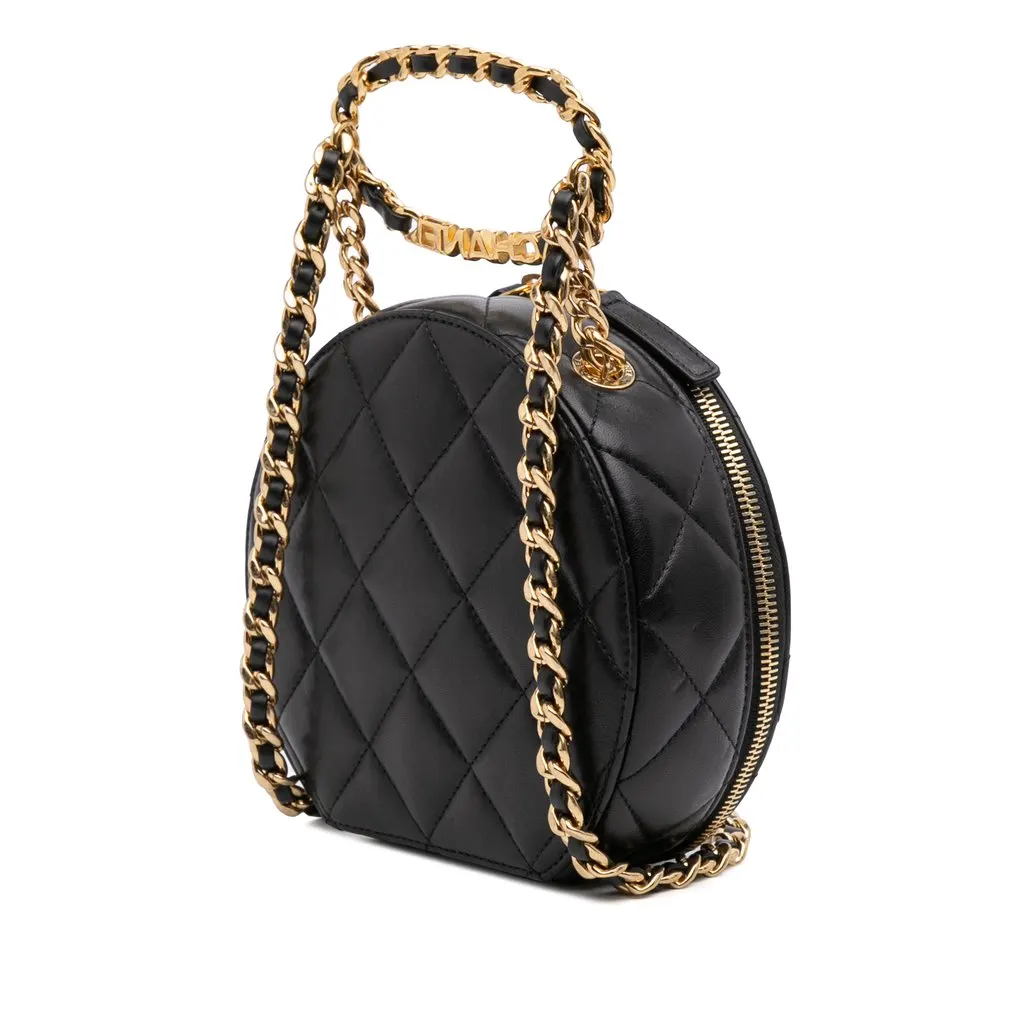 Chanel Quilted Lambskin Oval Logo Chain Top Handle Round Clutch on Chain Black Leather Very good - Back View