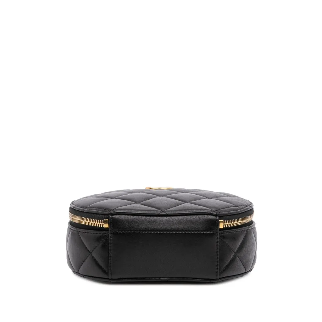 Chanel Quilted Lambskin Oval Logo Chain Top Handle Round Clutch on Chain Black Leather Very good - Inside View
