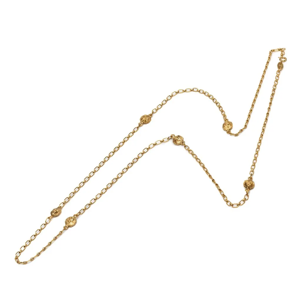 Chanel CC Gold Plated Lion Head Station Chain Long Necklace Gold Metal Very good - Front View
