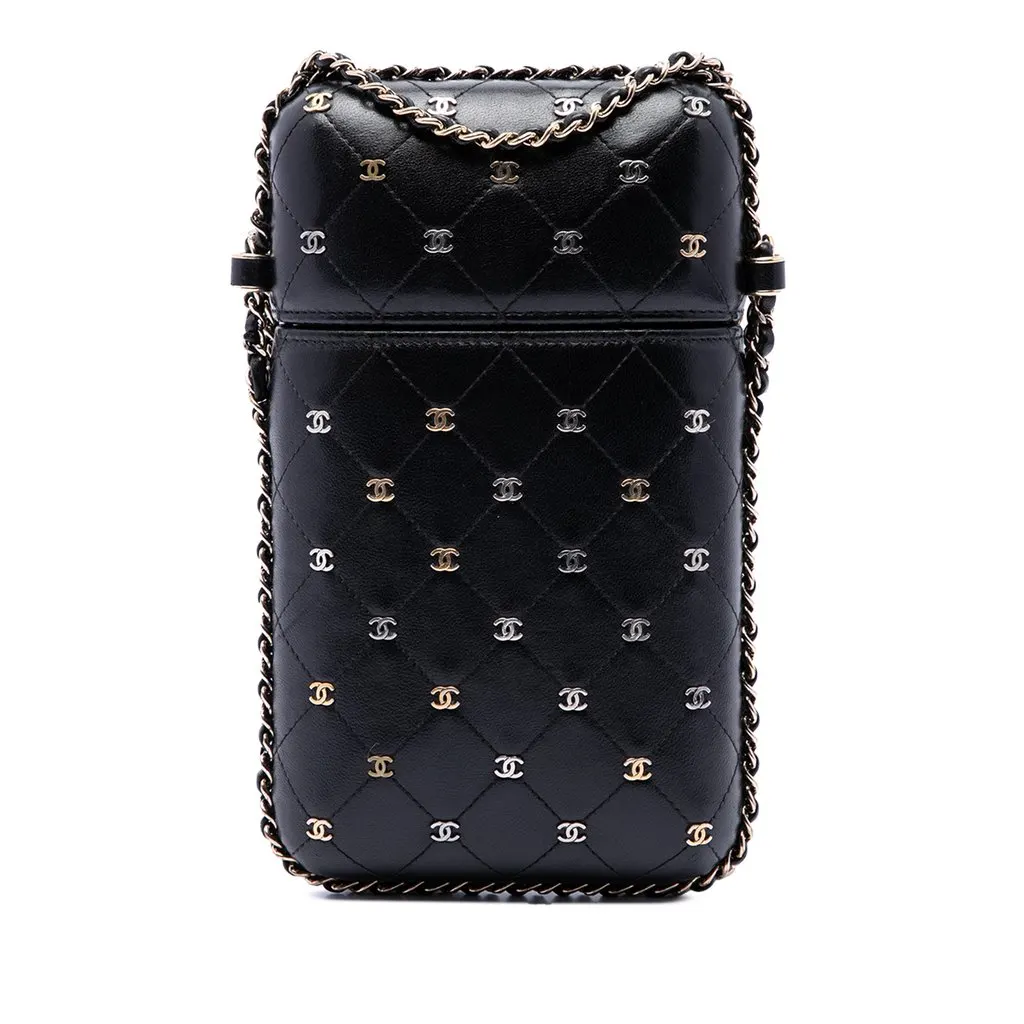 Chanel CC Quilted and Studded Lambskin Chain Around Phone Holder Black Leather Very good - Front View