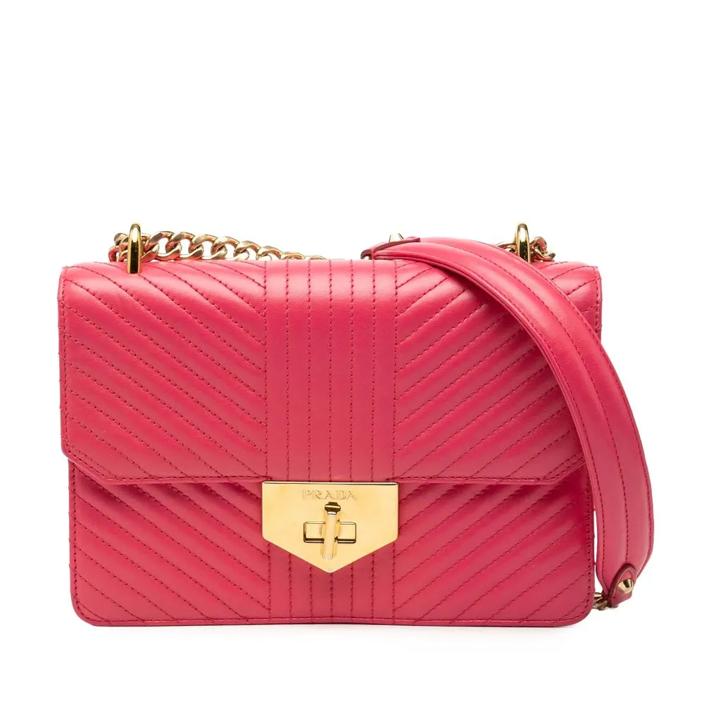 Prada Soft Calf Chevron Impunture Turn Lock Chain Crossbody Pink Leather Very good - Front View