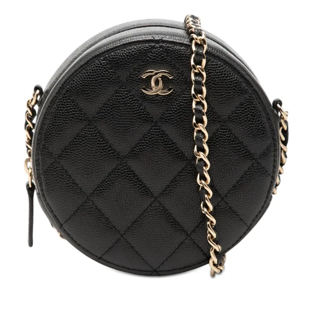 Chanel CC Quilted Caviar Round Clutch With Chain Black Leather Very good - Front View