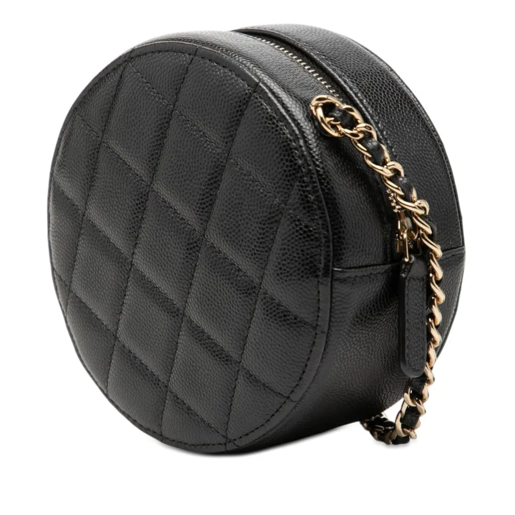 Chanel CC Quilted Caviar Round Clutch With Chain Black Leather Very good - Back View