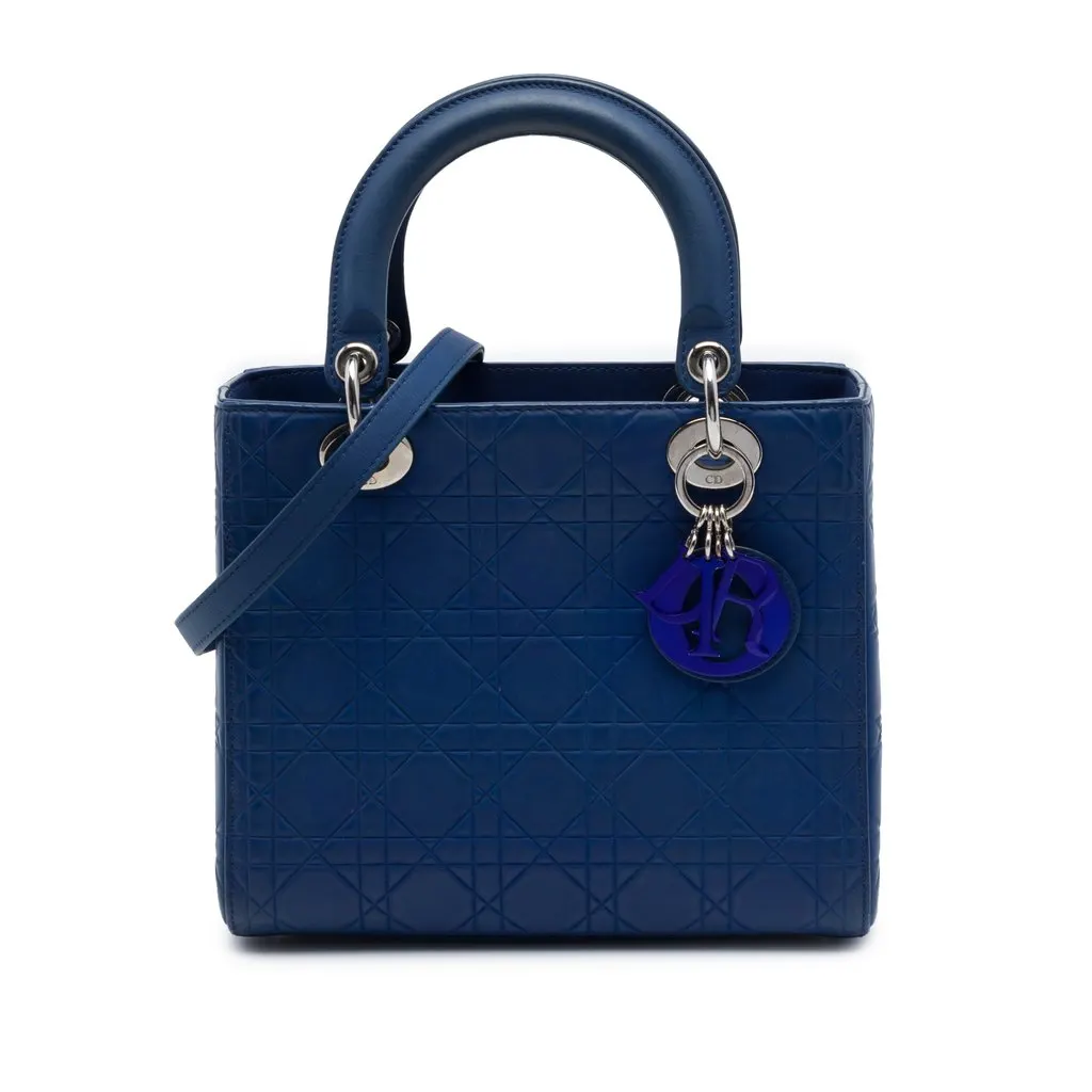 Dior Medium Ultra Matte Calfskin Embossed Cannage Lady Dior Blue Leather Very good - Front View