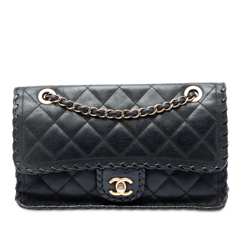 Chanel Medium Quilted Iridescent Calfskin Happy Stitch Flap Black Leather Good - Front View