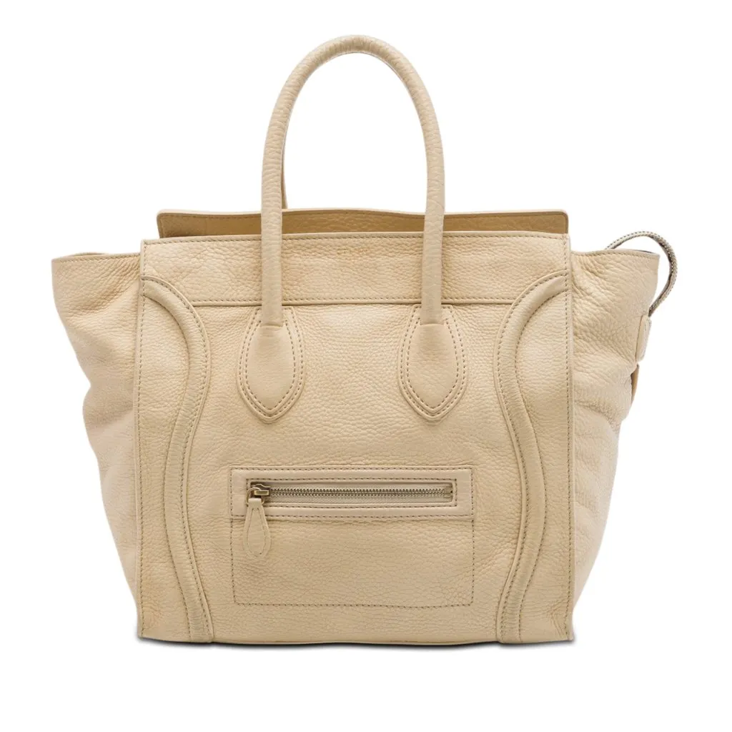 Celine Mini Drummed Calfskin Luggage Tote Beige Leather Very good - Front View