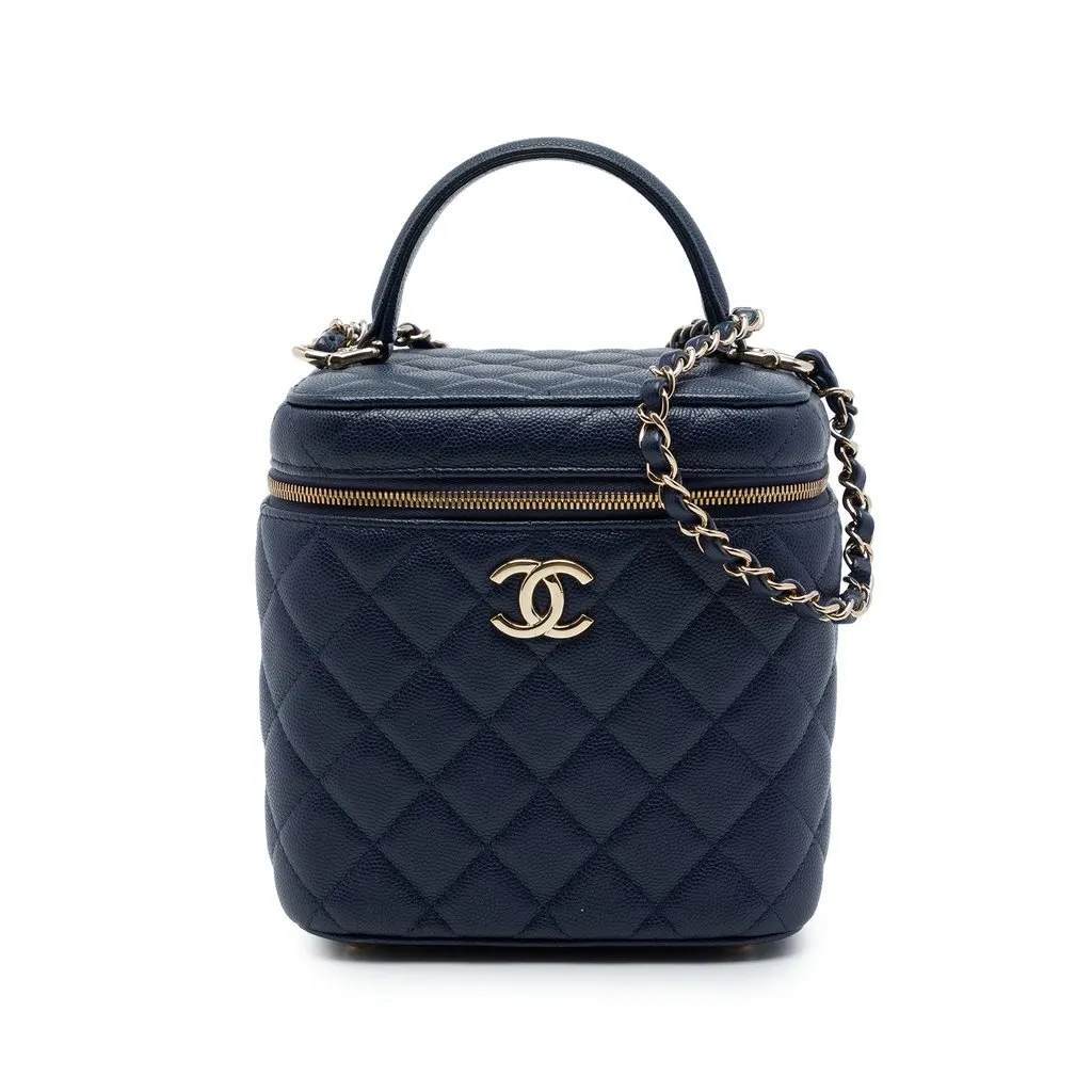 Chanel CC Quilted Caviar Top Handle Vanity Case with Chain Blue Leather Good - Front View