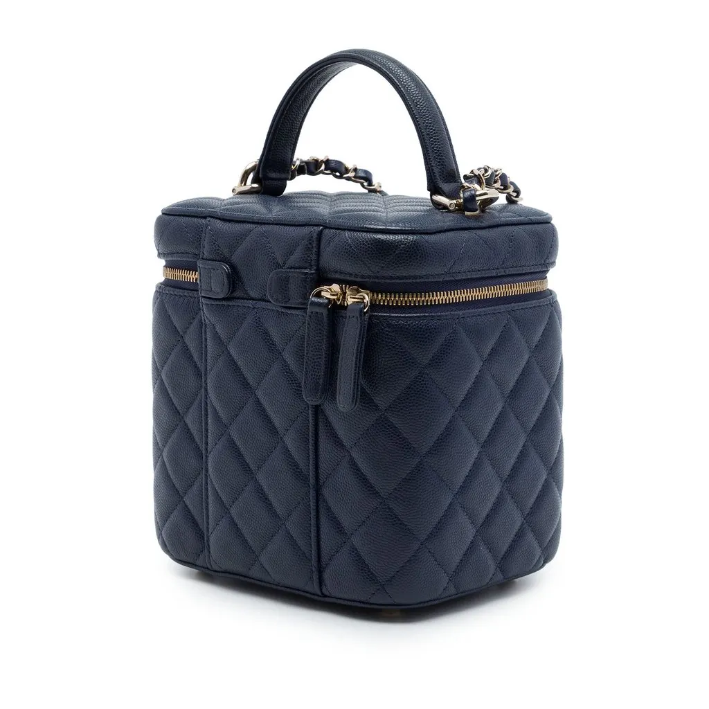 Chanel CC Quilted Caviar Top Handle Vanity Case with Chain Blue Leather Good - Back View