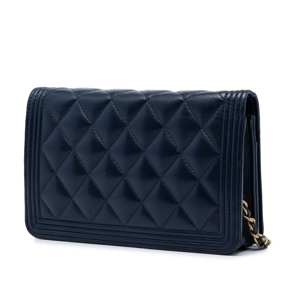 Chanel Quilted Lambskin Boy Wallet On Chain Blue Leather Very good - Back View