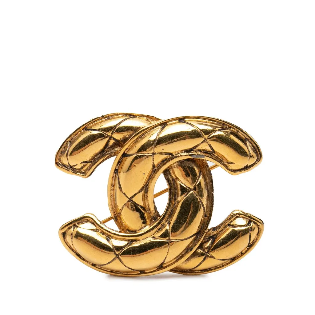 Chanel CC Gold Plated Quilted Brooch Gold Metal Very good - Front View