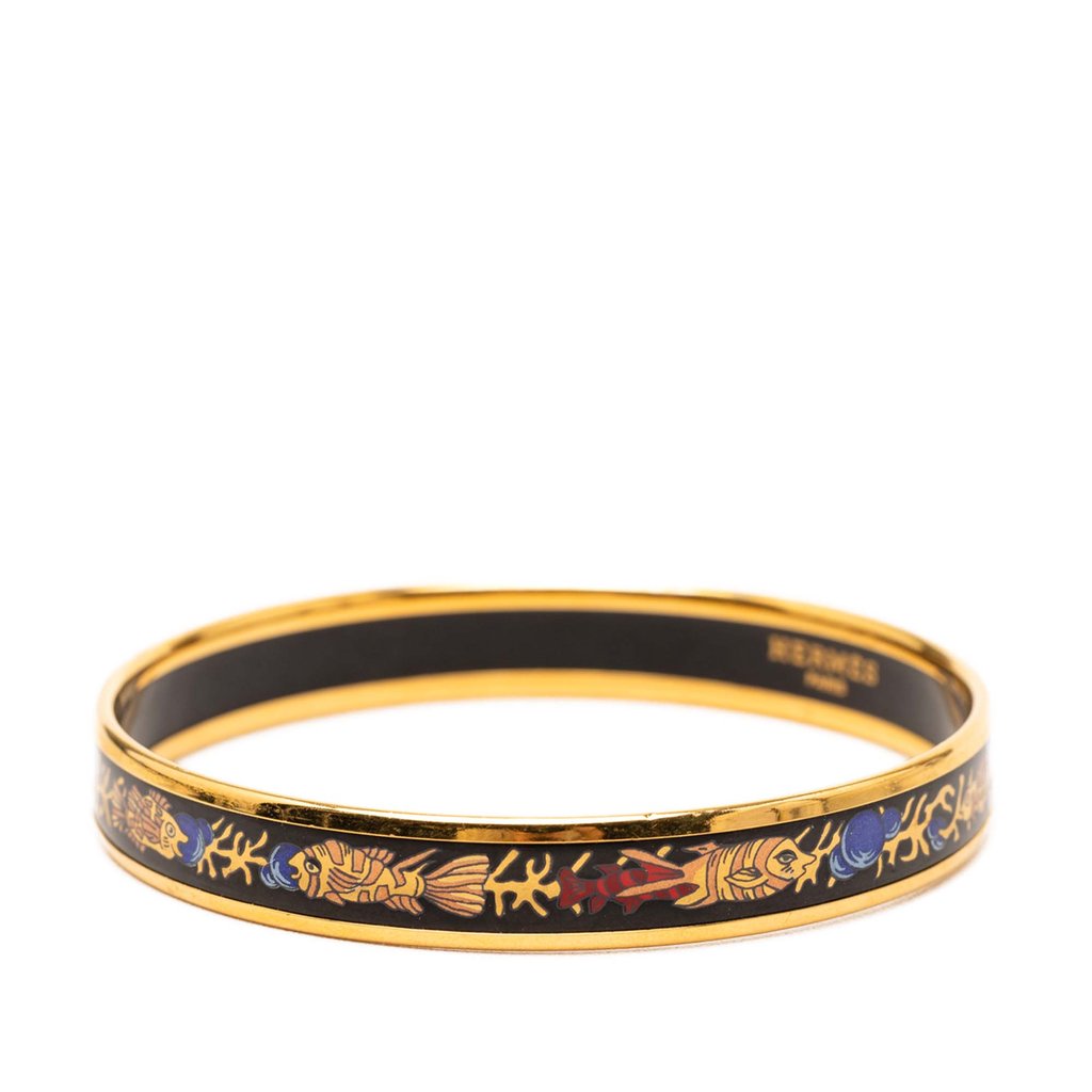 HERMES 魚とコーラル模様 バングル Hermès Narrow Enamel Coral Fish Bangle 65 Black | Pre-Owned