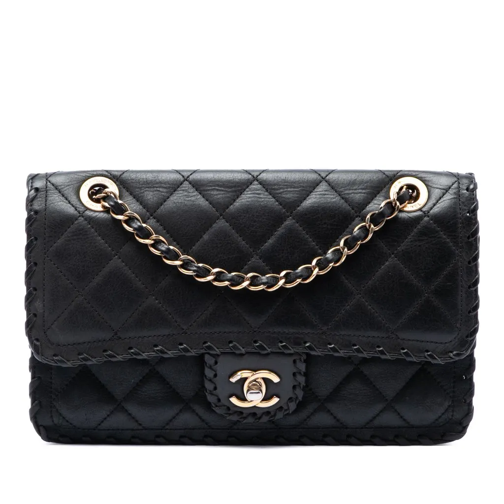 Chanel Medium Classic Calfskin Happy Stitch Flap Black Leather Very good - Front View
