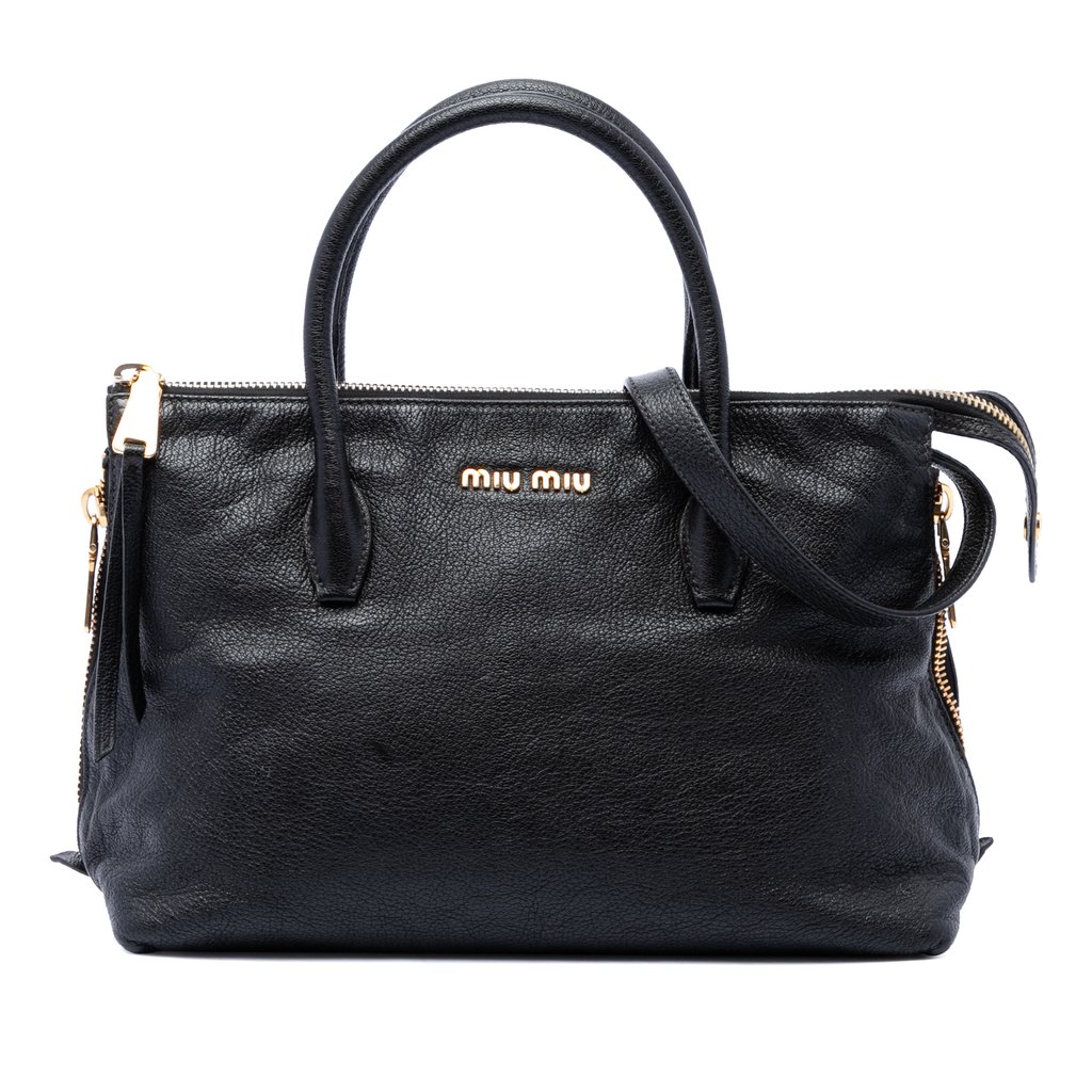 Miu Miu Goatskin Madras Zip Satchel Black Large Leather