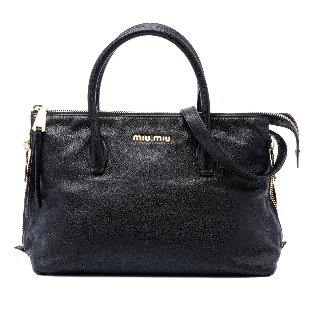 Miu Miu Goatskin Madras Zip Satchel Black Leather Very good - Front View